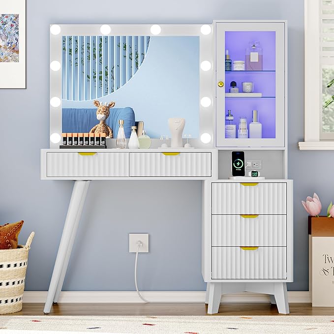 Fluted Vanity Desk with Mirror and Lights, 45" Glass Top Makeup Table Set with 5 Drawers, Power Outlet & Storage Cabinet, Large Dressing Table with RGB Ambient Light for Bedroom Women Girls, White