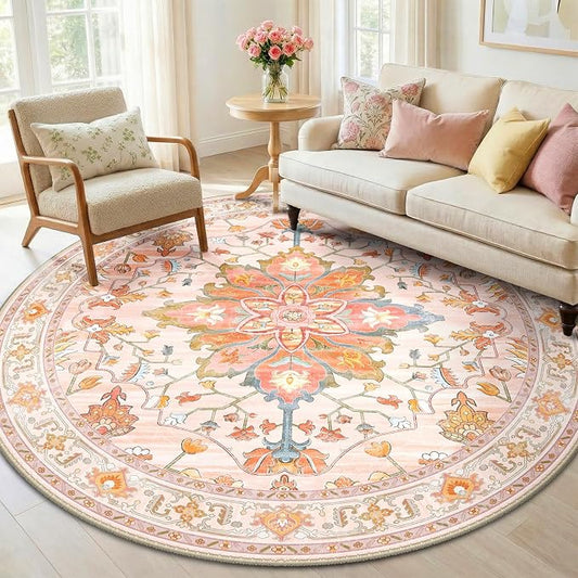 RELEANY Area Rugs Round 6ft Washable Non-Slip, Floral Vintage Distress Medallion Carpet for Living Room Bedroom Dining Room, Light Pink Colorful