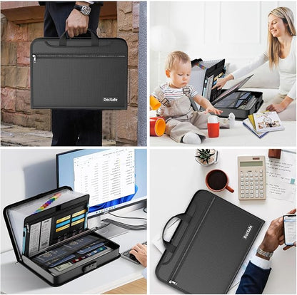 DocSafe 5200°F Accordion File Organizer with Lock,Fireproof Water Resistant Expanding File Folder with Multi Pockets,Document Organizer Home Office Travel Safe Storage for Letter Size Files,Black
