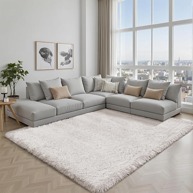 Area Rug for Living Room Bedroom: 6x9 White Soft Fluffy Shag Upgrade Non-Slip High Pile Carpet Large Fuzzy Plush Indoor Floor Decor Shaggy Rug for Kid Boys Girls Dorms Playroom Nursery Modern Home