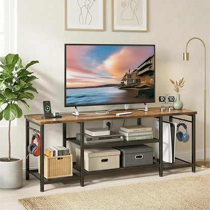 YGEOMER TV Stand for Up to 65 Inch TVs, Entertainment Center with Power Outlet and Open Storage Shelves, TV Media Console Table for Living Room and Bedroom, Rustic Brown