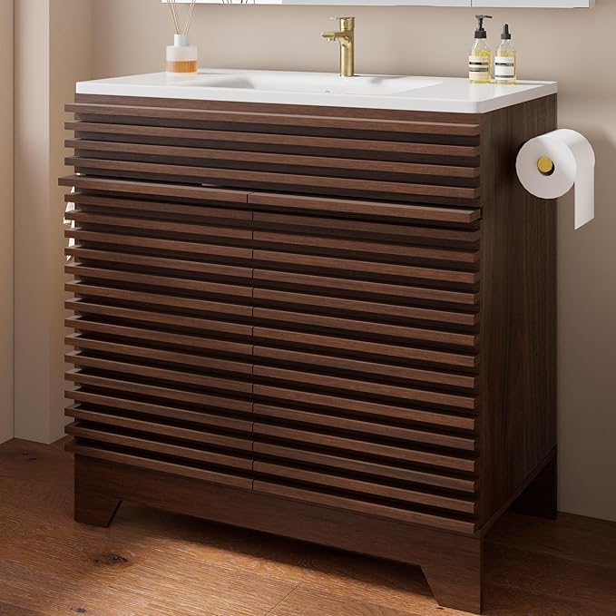 VNN 32 Inch Bathroom Vanity with Ceramic Sink - Freestanding Modern Bathroom Storage Vanity Cabinet with Fluted Design, Soft-Close Doors, Shelves, Toilet Paper Holder & Towel Hooks, Walnut