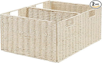 Vagusicc Wicker Storage Basket, Set of 2 Hand-Woven Paper Rope Wicker Basket, Small Storage Baskets for Organizing Toilet Paper Basket, Foldable Large Cube Storage Organizer Bins for Shelves (Beige)