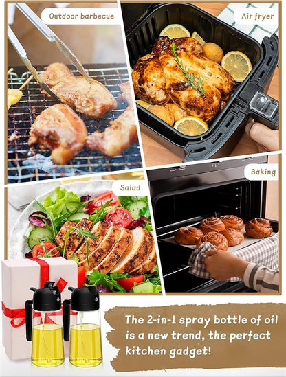 Kitchen Gadgets Oil Sprayer for Cooking 2pcs,Oil Dispenser for Kitchen,2 in 1 Oil Dispenser and Oil Sprayer,16oz Olive Oil Dispenser Bottle for Air Fryer,Salad, Grill (Black Kitchen Accessories)
