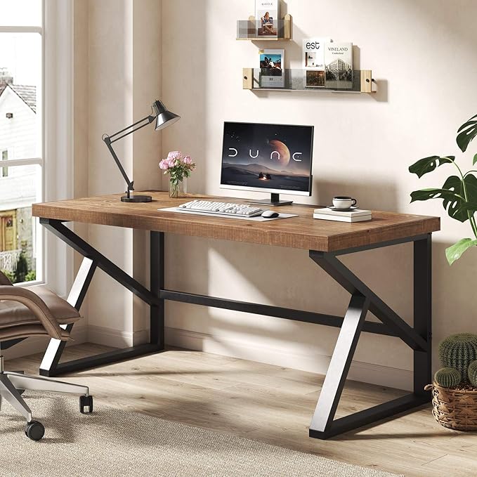 IBF Solid Real Wood Desk, Minimalist 60” Natural Wood Computer Desk, Rustic Desk for Home Office Writing Study, Vintage Industrial Wooden PC Gaming Workstation Computer Table, Brown, 60 Inch