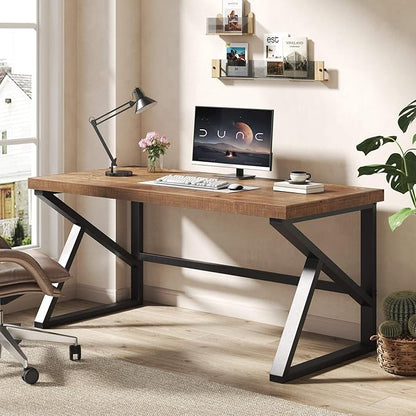 IBF Solid Real Wood Desk, Minimalist 60” Natural Wood Computer Desk, Rustic Desk for Home Office Writing Study, Vintage Industrial Wooden PC Gaming Workstation Computer Table, Brown, 60 Inch