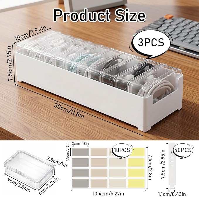 3 Pcs 11 Case Cable Storage Box with Cable Straps and Label Stickers, Clear Desktop Drawer Cable Management Box Cord Organizer Box for Home Office USB Wires Earphones Travel Cord Holder