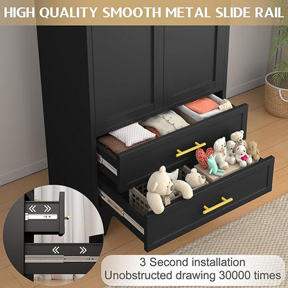 Steel Armoire Wardrobe Closet, 71" Metal Clothing Storage Cabinets with 2 Doors, 1 Adjustable Shelf and 2 Drawers, Metal Wardrobe Cabinet with Hanging Rod for Bedroom, Gym, Cloak Room (Black)