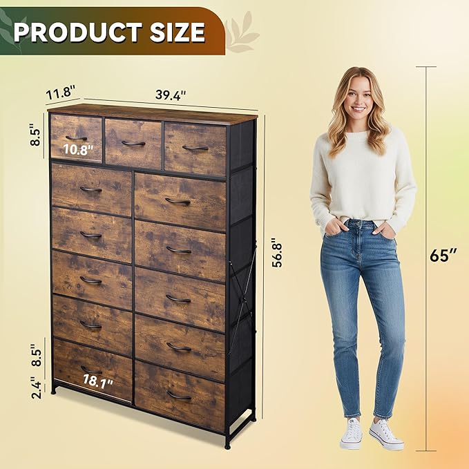 Tall Console Table with 13 Fabric Drawers, Entryway Table with Storage, Tall Storage Organizer with Wood Top, Steel Frame for Living Room, Hallway, Office, Rustic Brown Wood Grain Print