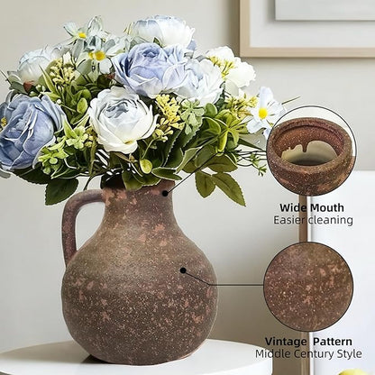 Ceramic Flower Rustic Vase, 7.1 Inch Farmhouse Rusty Vases for Home Decor Handcrafted Pottery Vase Small Terracotta Vases for Dining Table Decor Fireplace Living Room Bathroom Wedding Centerpiece