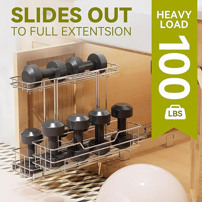 2 Tier Under Sink Organizer 11"W X18"D, Pull Out Cabinet Organizer One Removable Basket, Under Sink Slide Out Chrome Plated, Under Kitchen Bathroom Sink Organizer, 1 Pack