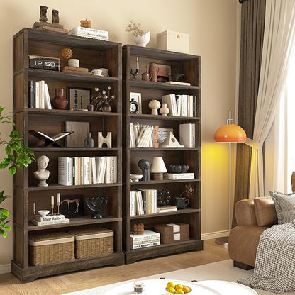 TVU 6-Tier Wooden Book Shelf, Floor-Standing Display Bookcase, 77.2" H x 31.5" W x 11" D Bookshelf, Farmhouse Style Book Case with Arched Base, Suitable for Living Room, Study, Office, Rustic Brown
