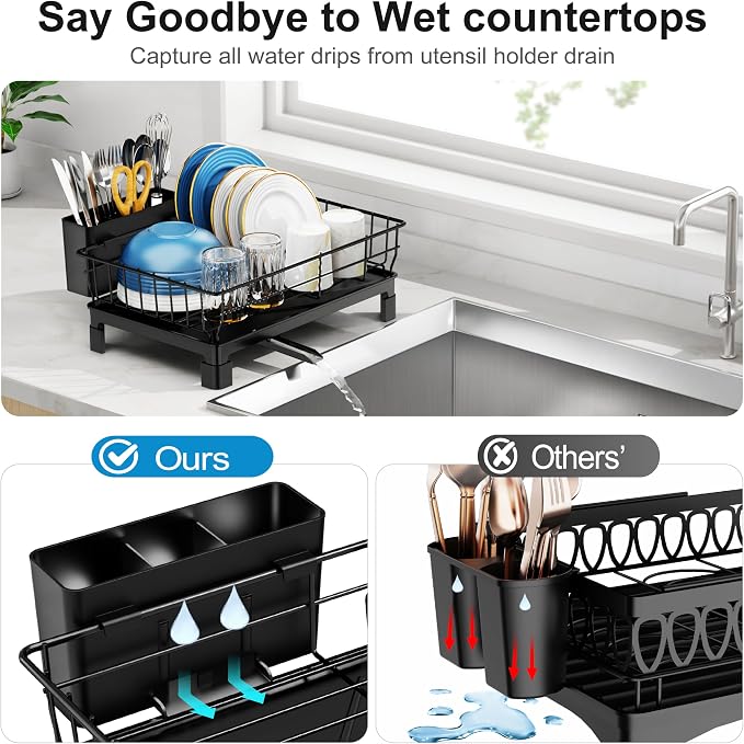 GSlife Small Dish Drying Rack for Kitchen Counter with Drainboard - Compact Dish Drainer for RV, Camper and Apartment, Rust-Resistant Wire Rack with Utensil Holder, 15"L x 10"W, Black