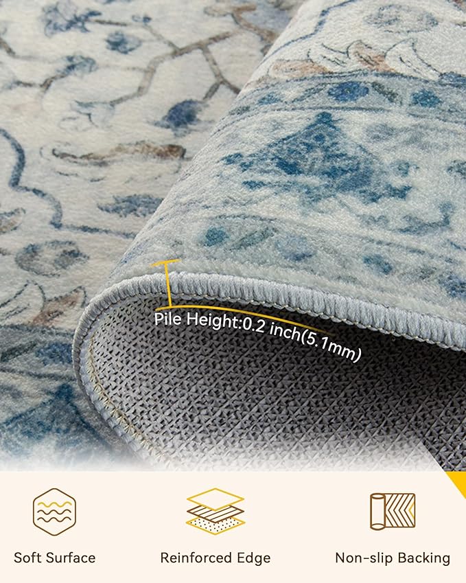 RELEANY Area Rugs Runner 2'x10' Washable Non-Slip, Floral Vintage Distress Medallion Carpet for Kitchen Hallway Bedroom Beside Laundry Room Bathroom, Light Blue Navy Gray White