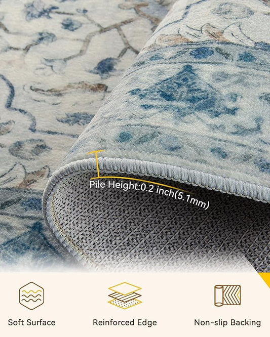 RELEANY Area Rugs 3'x4' Washable Non-Slip, Floral Vintage Distress Medallion Carpet for Living Room Bedroom Dining Room, Light Blue Navy Gray White