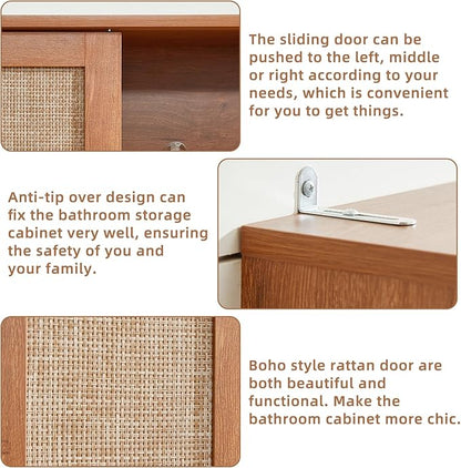 LEYAOYAO Over The Toilet Storage Cabinet with Rattan Sliding Door, 68" Tall Wood Above Toilet Bathroom Organizer w/Adjustable Shelf & Curved Profile, Space Saver Freestanding Washer Shelf