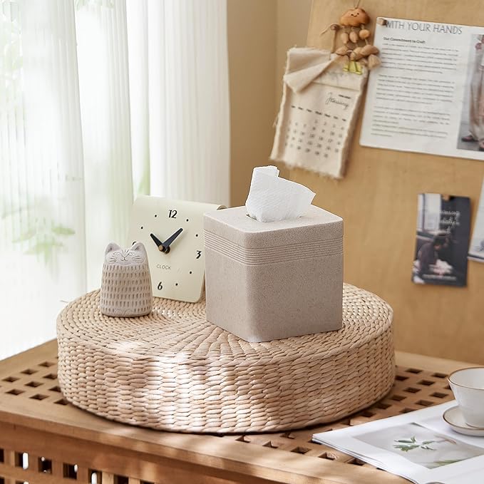 Beige Sandstone Tissue Box Cover Square for Home Decor,Resin Heavy Tissue Box Holder for Bathroom Countertop,Tabletop,Bedside Table,Office (Handmade of Resin)