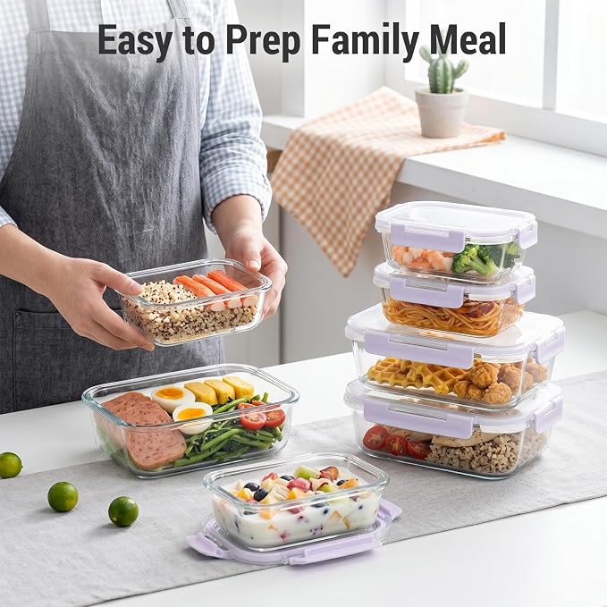 Dealusy 10 Sets (20-Piece) 4.5 Cup & 1.5 Cup Glass Food Storage Containers with lids, Airtight Leak-proof Glass Meal Prep Containers with Lids, Microwave Oven Freezer Dishwasher Safe, Purple