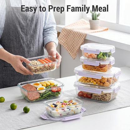 Dealusy 10 Sets (20-Piece) 4.5 Cup & 1.5 Cup Glass Food Storage Containers with lids, Airtight Leak-proof Glass Meal Prep Containers with Lids, Microwave Oven Freezer Dishwasher Safe, Purple
