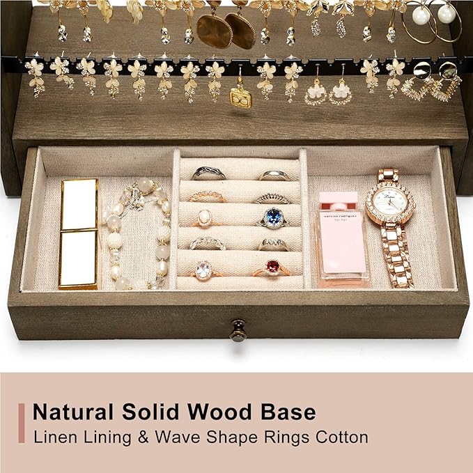 Pinzoveco Earring Organizer, 5 Layer Earring Holder Organizer with Necklace Holder Pole, Rustic Wood Jewelry Organizer Stand Display for Stud Earring Bracelet Necklace Ring, 175 Earring Holes
