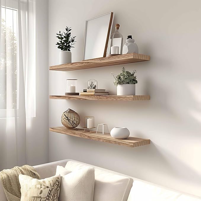 YYWUOJJ Wood Floating Shelves for Wall, Rustic Wall Shelves for Bedroom, Wall Mounted Floating Shelf, Set of 4 Light Walnut 36 Inch