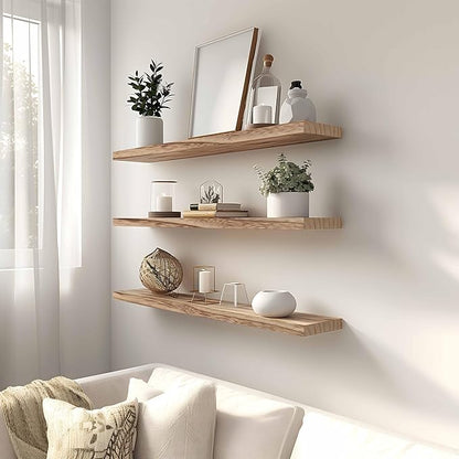 YYWUOJJ Wood Floating Shelves for Wall, Rustic Wall Shelves for Bedroom, Wall Mounted Floating Shelf, Set of 4 Light Walnut 36 Inch