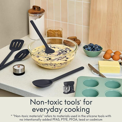 bella 5-Piece Kitchen Tool Set with Magnetic Rack, Silicone, Turner, Spoon, Slotted Spoon, Spatula, Utensil Holder, Magnetic Holder, Non-toxic*, Food-grade, Heat safe to 425°F, Dishwasher Safe, Slate
