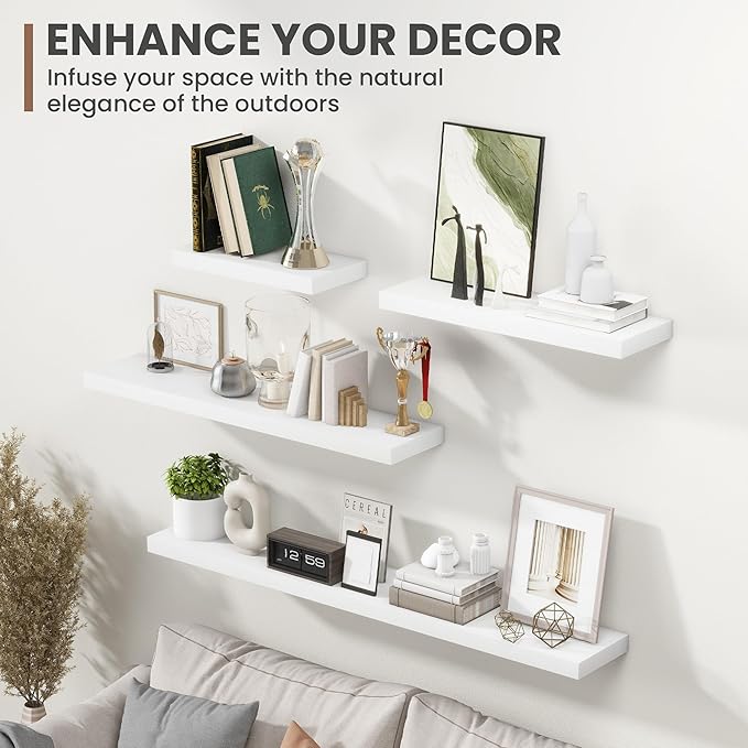 Acovy 36 Inch Floating Shelves, 8 Inch Deep Floating Shelves for Wall, Hanging Shelf with Invisible Brackets, Deep Shelves for Bathroom, Bedroom, Living Room, White, Set of 2
