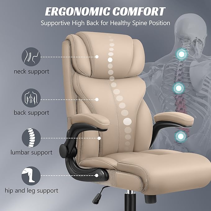 Office Chair, Ergonomic Big and Tall Computer Desk Chairs, Executive Breathable Leather Chair with Adjustable High Back Flip-up Armrests, Lumbar Support Swivel PC Chairs with Rocking Function