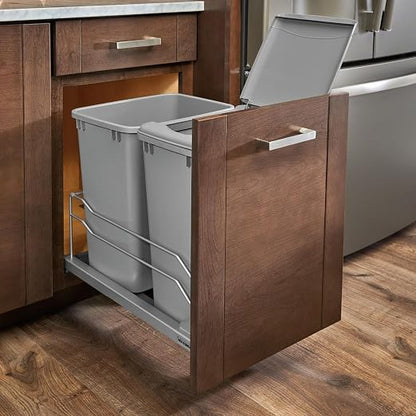 Rev-A-Shelf Double 35 Qt Pullout Trash Cans with Soft-Close for Under Kitchen Cabinets, Min Opening Width of 14.5", Metallic Silver, 53WC-1835SCDM-217