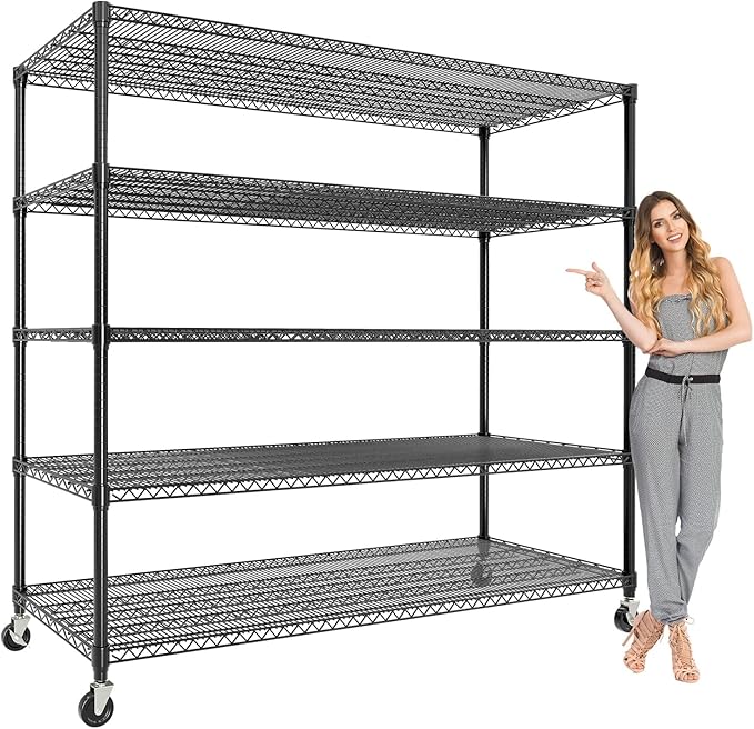 GarveeLife 82" H Storage Shelves with Wheels 3300 LBS Heavy Duty Metal Shelving 5-Tier Wire Shelving for Corner Storage Rack Adjustable Pantry Shelf for Kitchen Pantry, 82" H x 59" W x 23.5" D