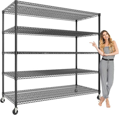 GarveeLife 82" H Storage Shelves with Wheels 3300 LBS Heavy Duty Metal Shelving 5-Tier Wire Shelving for Corner Storage Rack Adjustable Pantry Shelf for Kitchen Pantry, 82" H x 59" W x 23.5" D