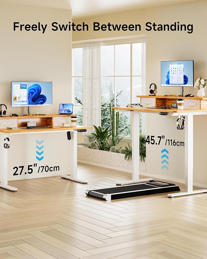 BIZUM Standing Desk with 2 Drawers Computer Desk-Stand up Desk Home Office Gaming Memory Desks C-Clamp Mount Compatible, 48x24 Inch Light Rustic Brown