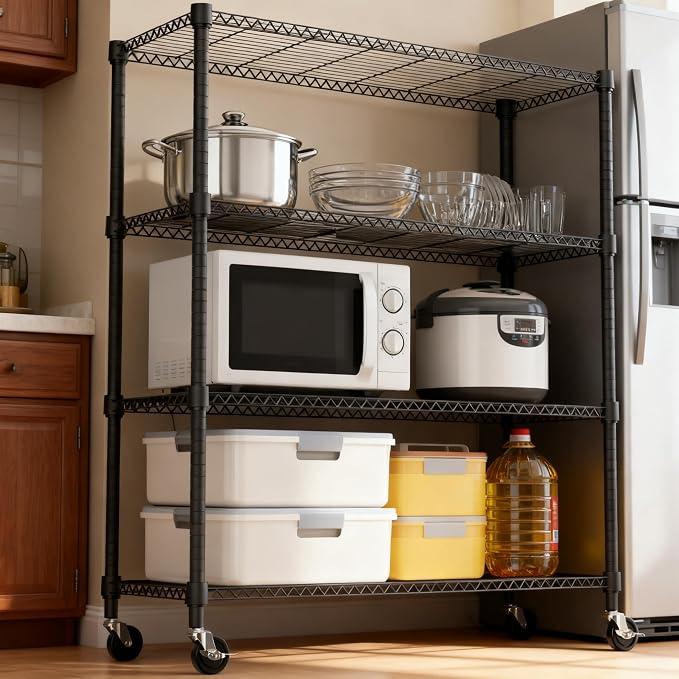 M MZG 1400LBS 47.2" W 4 Tiers Storage Shelves Metal Shelving Unit with Wheels Heavy Duty Garage Shelving Adjustable Wire Shelves for Pantry,Kitchen,Garage,Basement,Black 17.7" D x 47.2" W x 62.7" H