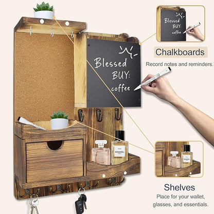 Key Holder Wall Mount， Mail Organizer Key Holder for Wall with Shelf, Drawer, Chalkboard, Corkboard, Home Decor Wall Mounted for Room Entryway(Natural Wood)
