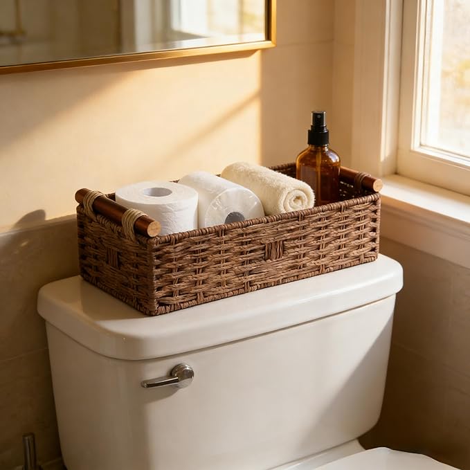 Brown Toilet Basket for Toilet Paper, Wicker Storage Basket with Wooden Handles, Handwoven Paper Rope Toilet Tank Basket, Decorative Basket for Toilet Countertop, Bathroom Baskets for Organizing