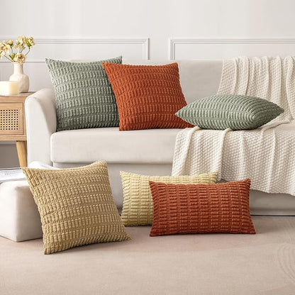 MIULEE Pack of 2 Corduroy Decorative Throw Pillow Covers 16x16 Inch Soft Boho Striped Pillow Covers Modern Farmhouse Home Decor for Summer Sofa Living Room Couch Bed Light Olive Green