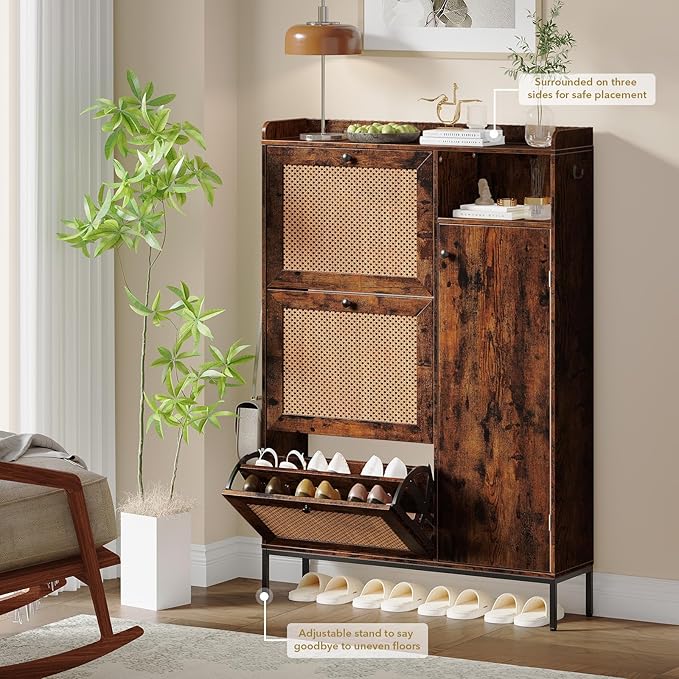 Rattan Wooden Shoe Cabinet, Freestanding 3-Flip Drawer Shoe Storage Organizer, Side Cabinet & Top Fence, Easy Assembly Shoe Rack for Entryway Hallway Living Room, Brown