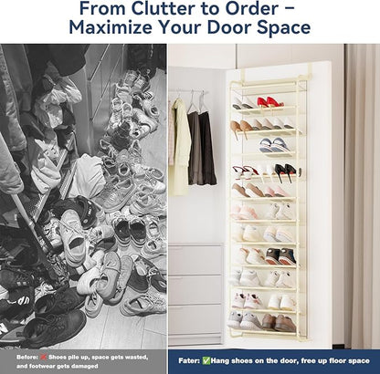 Whitmor 36 Pair Over The Door Shoe Organizer, 12 Tier Hanging Shoe Organizer, Heavy Duty Metal & Mesh Shoe Holder, Hanging Shoe Rack for Closet Organizer & Storage, 74"H x 21.7"W x 7.5"D, Beige