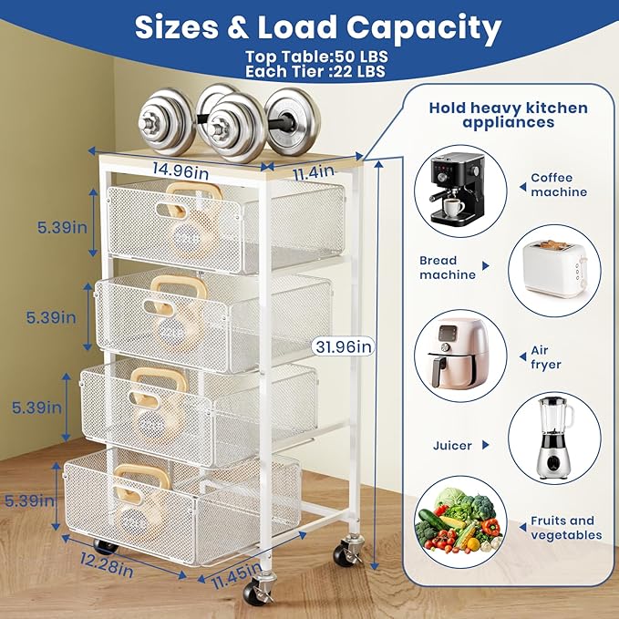 Goovilla Kitchen Cart with Drawers, 4 Tier Metal Rolling Utility Cart Organizer on Lockable Wheels with Wooden Top, White Fruit Vegetable Storage Rack Also for Cans, Snack, Craft, Art, Office, Beauty