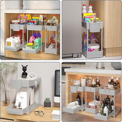 Sevenblue 3 Pack Under Sink Organizers, 2-Tier Multi-Use Kitchen and Bathroom Organizers and Storage with Sliding Drawers, Bathroom Cabinet Organizer (Gray, 14.8 Inch)