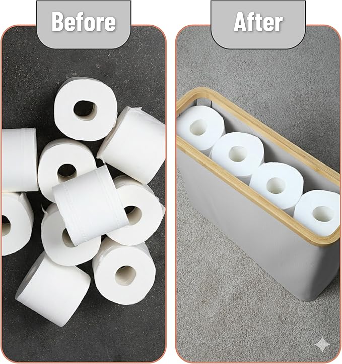 BAMBOO LAND- Toilet Paper Storage with Bamboo Lid for 12 Rolls, Light Gray, Waterproof Bamboo Toilet Paper Holder Basket