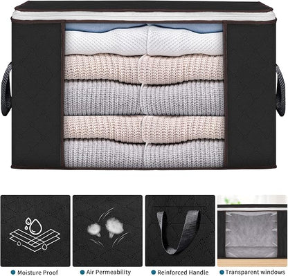 Large Storage Bags, 3 Pack Clothes Storage Bins Foldable Closet Organizers Storage Containers with Durable Handles Thick Fabric for Blanket Comforter Clothing Bedding 90 L (Black)