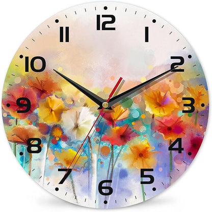 Clock for Living Room, Vintage Wild Floral Wall Clock Vintage Wooden Wall Clock Silent Non-Ticking Battery Operated Arabic Numerals Wall Clocks Decorative for Kitchen, Office, Classroom 10 Inch