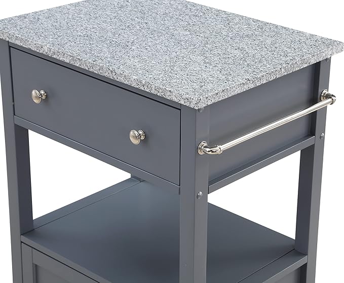 OSP Home Furnishings Fairfax Farmhouse Kitchen Cart with Granite Top, Rolling Storage Cabinet with Towel Rack, Shelf and Drawer, Grey Finish