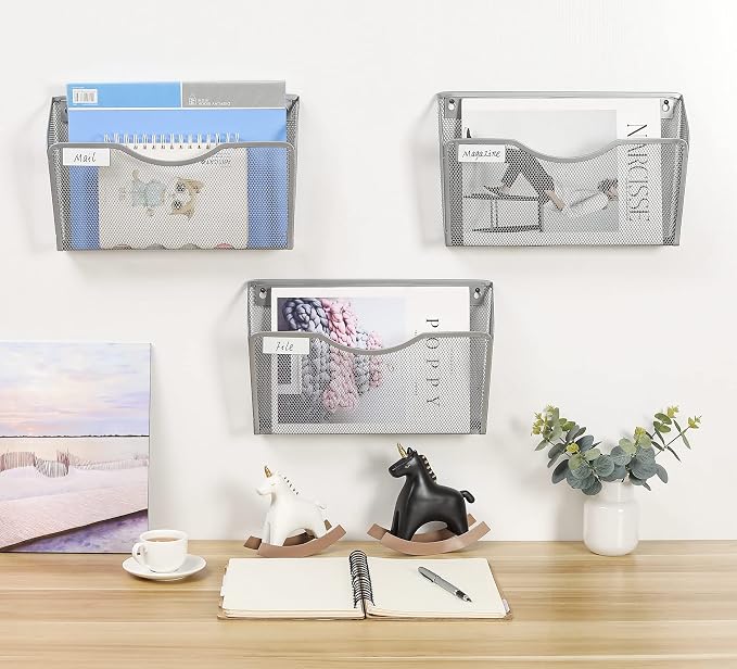 EasyPAG 3 Pack Wall File Organizer with Label Panel, Metal Mesh Hanging File Folder Holder for Letter/A4 Size Folders, Vertical Wall Mount Mail Sorter for Office Paperwork, Classroom, Silver