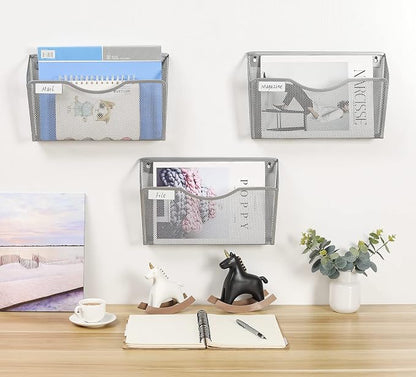 EasyPAG 3 Pack Wall File Organizer with Label Panel, Metal Mesh Hanging File Folder Holder for Letter/A4 Size Folders, Vertical Wall Mount Mail Sorter for Office Paperwork, Classroom, Silver