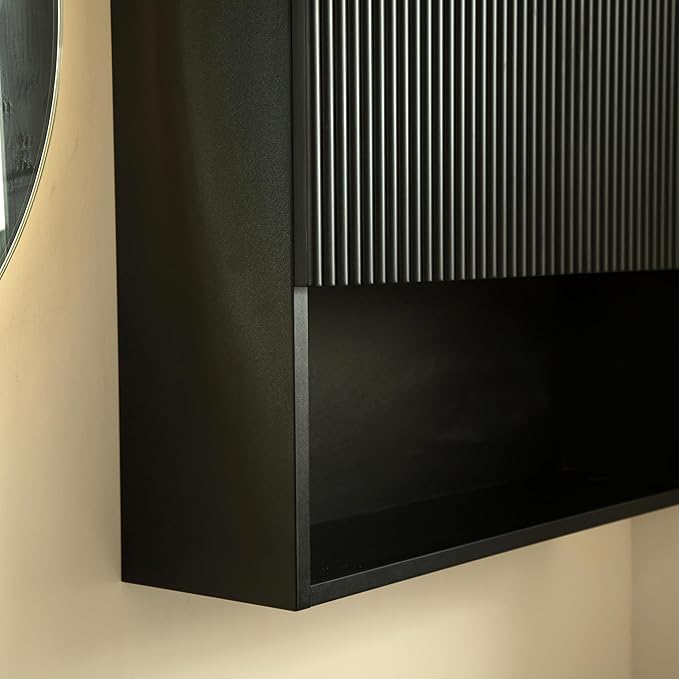 26" Wall-Mounted Striped Bathroom Cabinet, with Doors, Shelf and Open Storage Compartment Over The Toilet Storage Cabinet for Bathroom, Kitchen, Laundry Room, Black