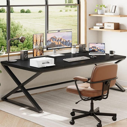 IBF Black Desk, Large Home Office Work Desk, 78.7” Long Computer Desks, Simple Wide Study Writing Desk, Wood Metal Double PC Executive Workstation Gaming Desk Computer Table for Bedroom, Black Oak