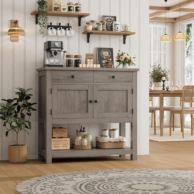 HOSTACK Farmhouse Console Table with 2-Door Cabinet & 2 Drawers, Coffee Bar, Entryway Table with Storage Shelf, Sofa Tables Buffet Sideboard for Kitchen, Hallway, Dining, Living Room, Ash Gray